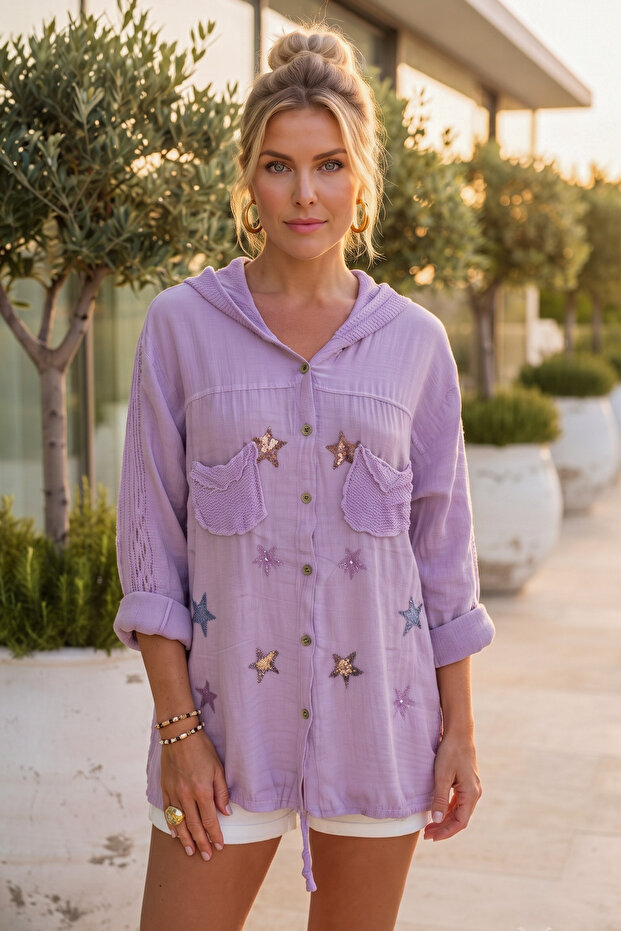 Lilac Hooded Long Sleeve Buttoned Mesh Pocket Sequined Star Appliqué Cotton Woven Jacket 72 60