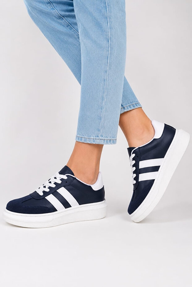 Striped Patterned Women's Sneaker Sports Shoes Suitable for Daily Use Navy Blue