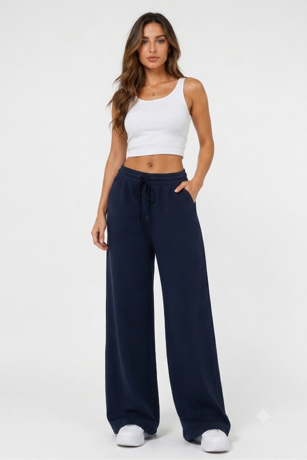 Women's Navy Blue Wide-Leg Sweatpants Comfortable Fit Casual Sports Trousers