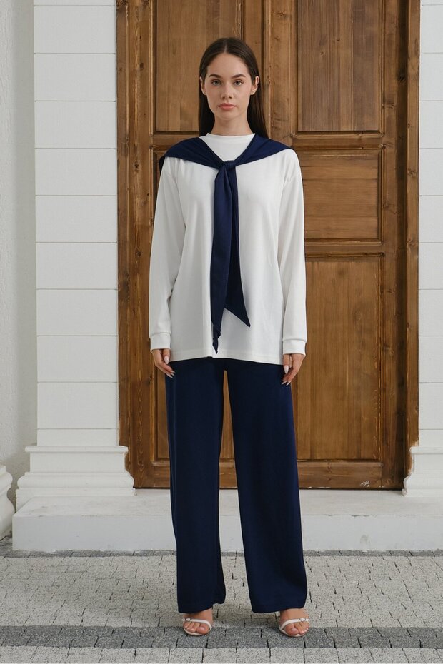 Navy Blue Women's Shawl Detailed Tracksuit Set Comfortable Fit Long Sleeve Sweatshirt Wide Leg Sweatpants