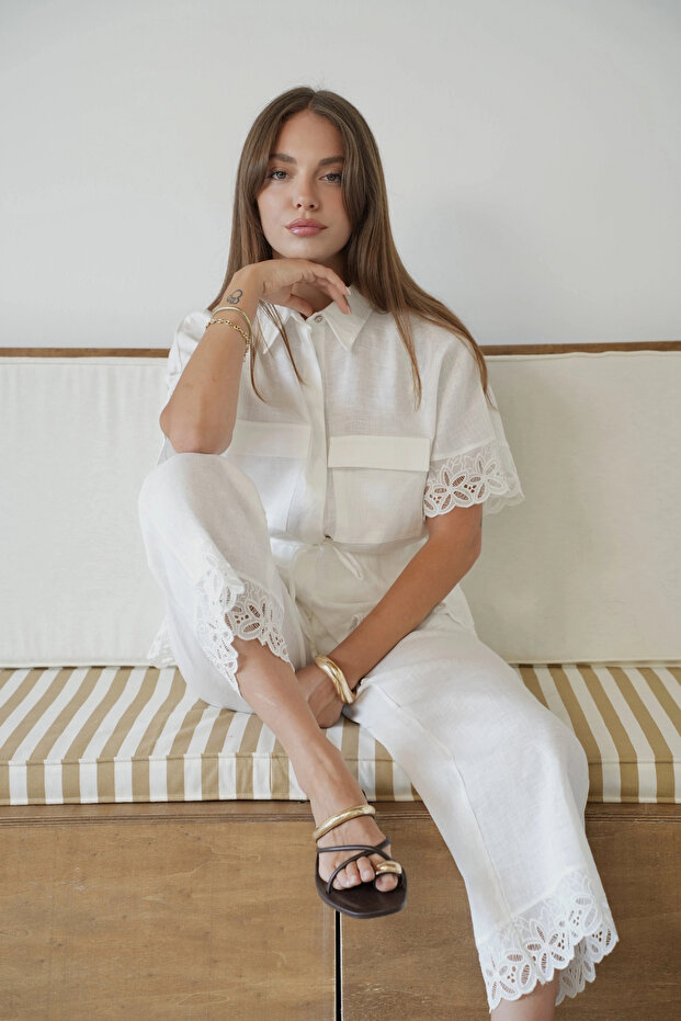 Double Pocket Lace Detailed Linen Shirt White