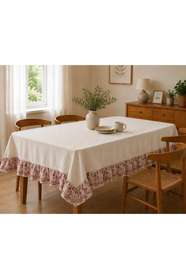 Linen Burgundy French Country Patterned Ruffled Tablecloth Country Bohemian Decorative Living Room and Kitchen Coverlet