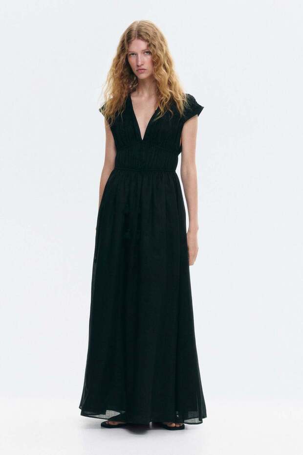 Drawstring-detail ramie dress