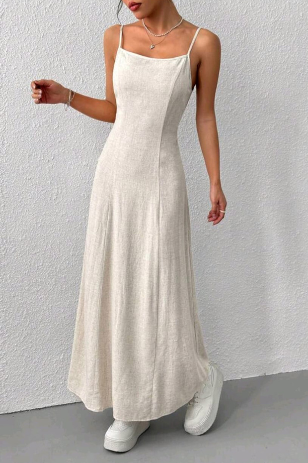 Women's Thin Strap Linen Textured Corset Stitched Maxi Dress