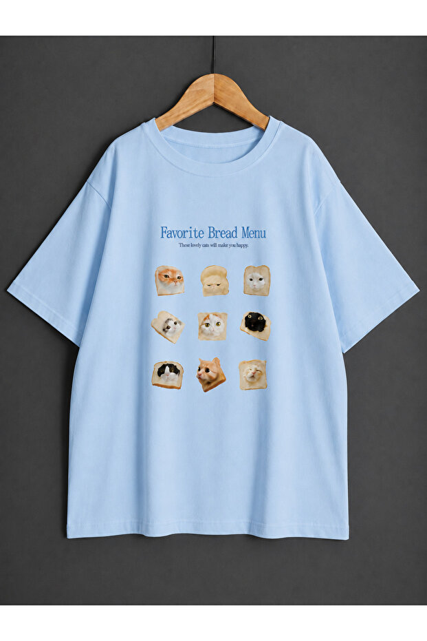 Unisex Cat and Bread Printed Oversize T-Shirt