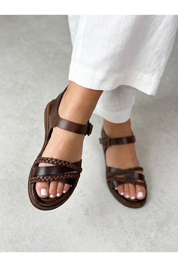 Women's Brown Knitted Strap Flat Sandals