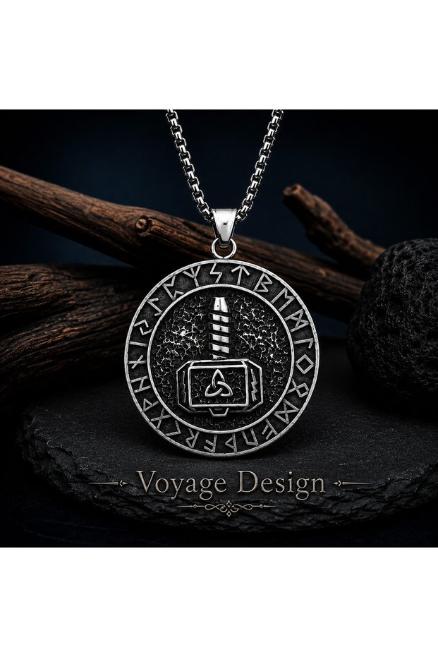 Stainless Steel Antique Silver Color Rune Letter Detailed Thor's Hammer Mjolnir Viking Necklace