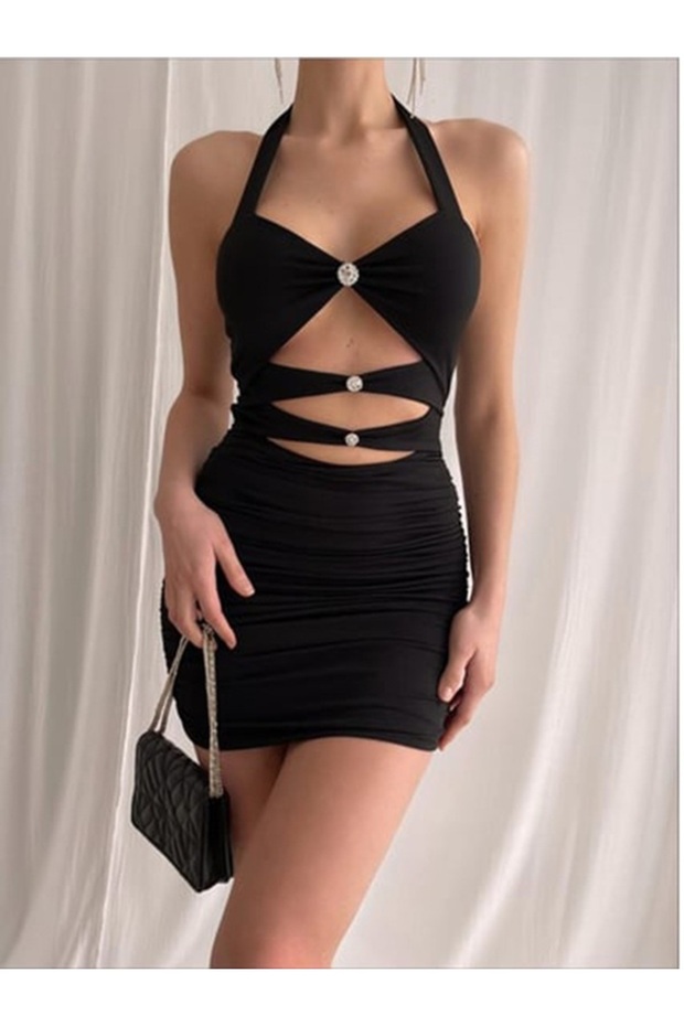 Women's Black Window Detailed Stoned Mini Dress Yel0751