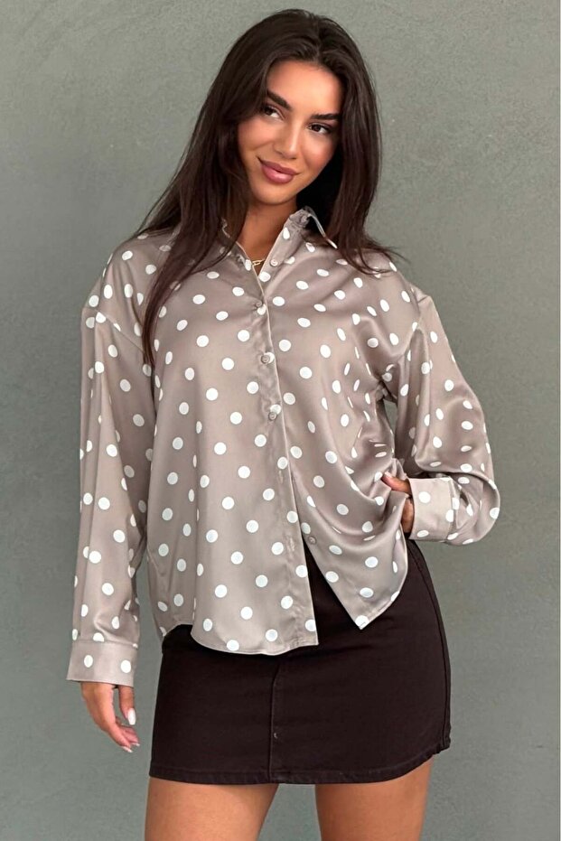 Beige Polka Dot Satin Women's Shirt Mg2869