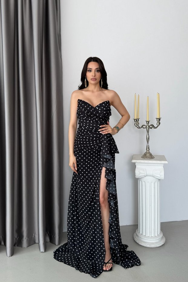 Black Polka Dot Flounce Slit Strapless Evening Dress