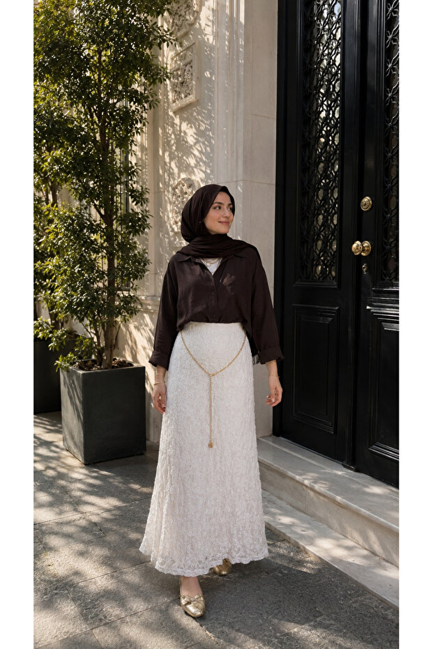 Elegant Textured Lined Long White Skirt Yrn-9