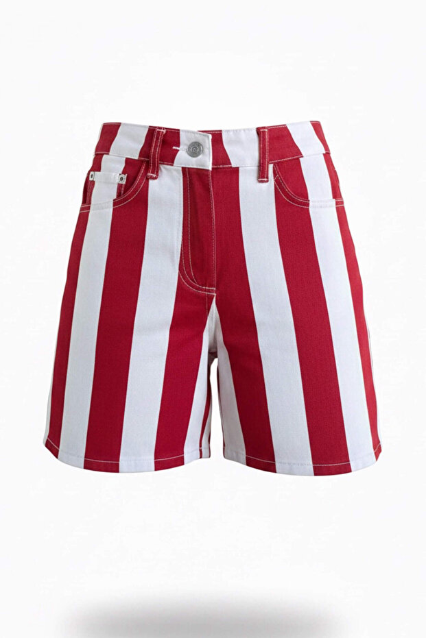 Red and White Striped Patterned Denim Shorts