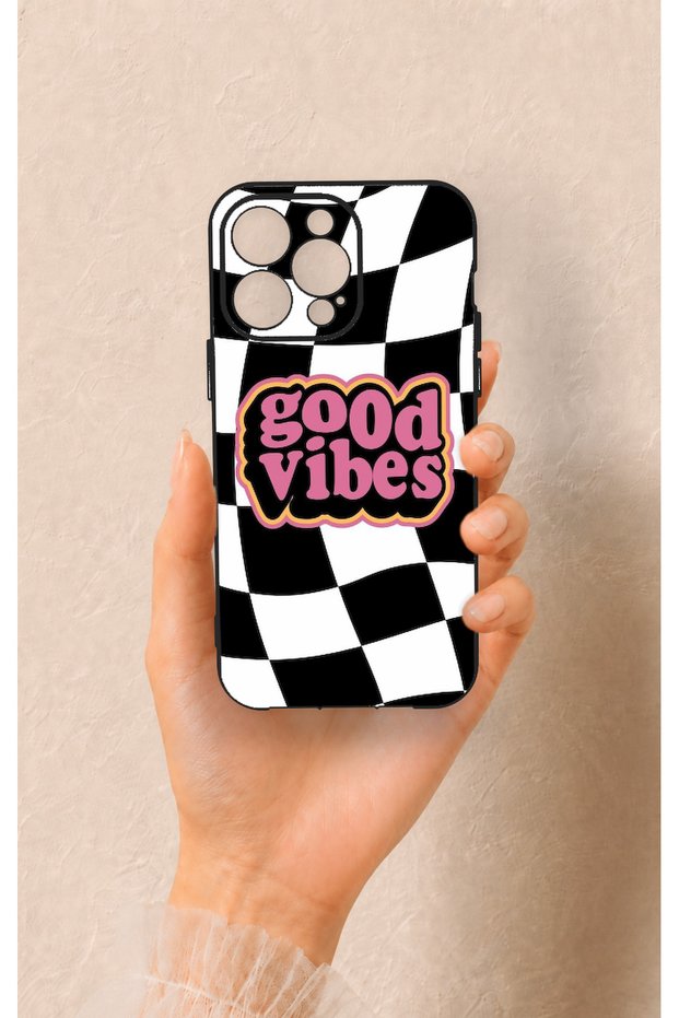 iPhone 14 Pro Max Compatible Black Good Vibes Patterned Silicone Case