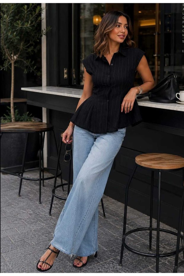 Women's Striped Waist Flounce Peplum Buttoned Short Sleeve Summer Shirt Blouse
