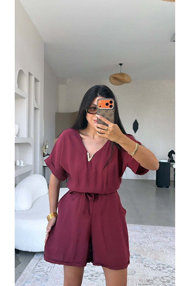 Burgundy V-Accessories Tencel Fabric Jumpsuit