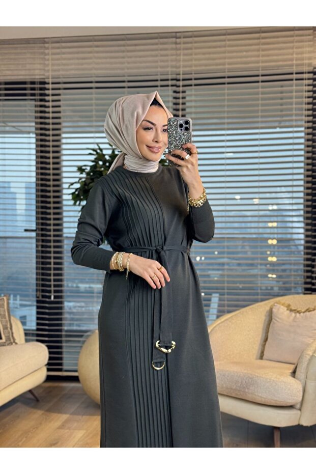 146 Left Back Front Striped Knitwear Dress Khaki