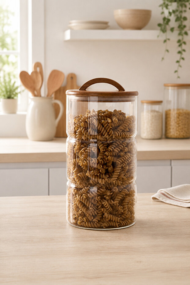 Acacia Lid Glass Jar with Handle 3200 ml – Large Size Dry Food Storage Container with 3 Compartments
