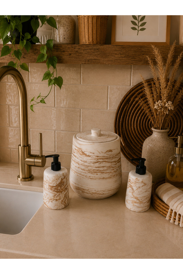 Decorative Marble Pattern Bohemian Style 3-Piece Kitchen Set Countertop Trash Can Liquid Soap Dispenser and Dishwashing Liquid Dispenser Set