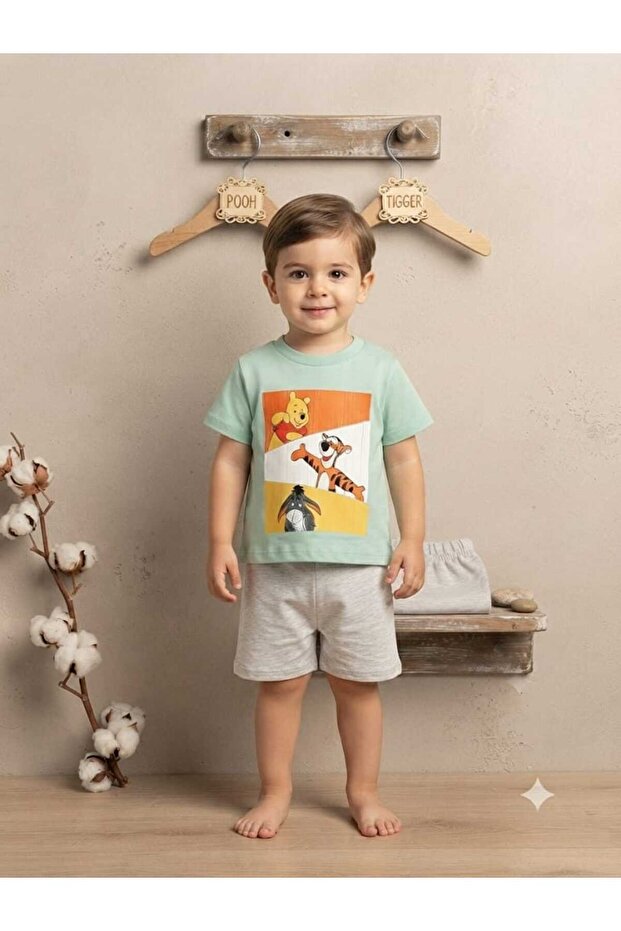 100% Cotton Combed Cotton Back Print Detailed Shorts Combed Cotton Summer Two-Piece Baby Unisex Set