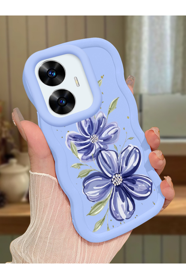 Realme C55 Compatible Case Camera Protector Blue Silicone Couple Phone Case Floral Pattern