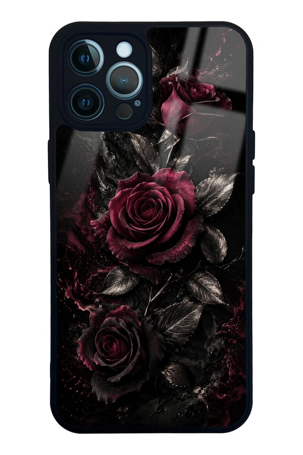 iPhone 12 Pro Max Obsidian Burgundy Roses Design Glossy Phone Case