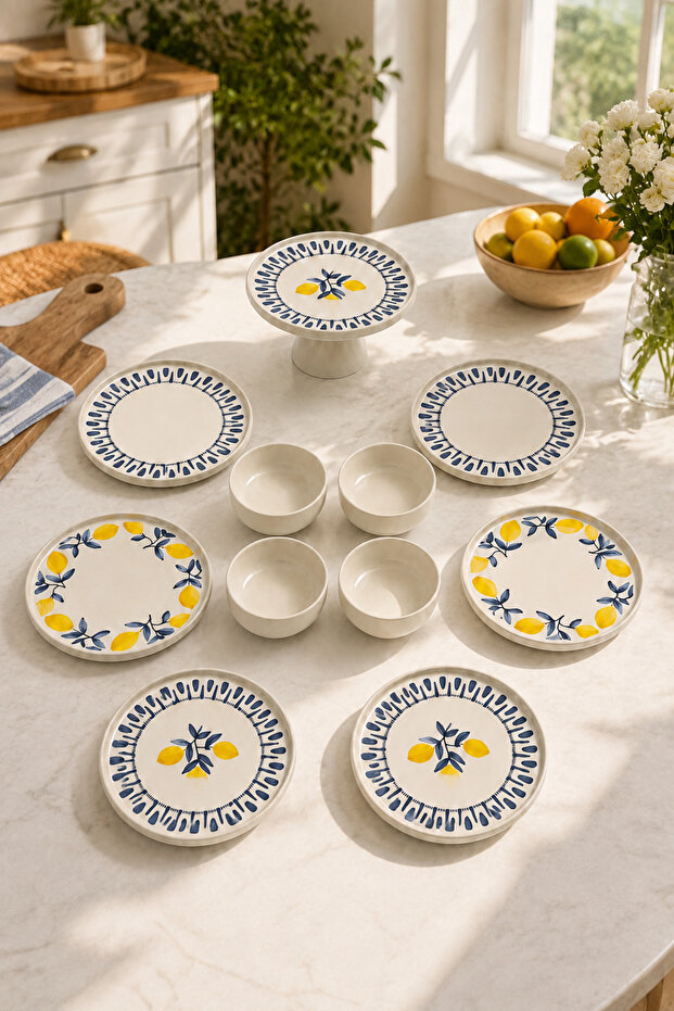 Blue Lemon 11 Piece Handmade Stackable Ceramic Plate Set for 6 People Premium Presentation & Breakfast Set