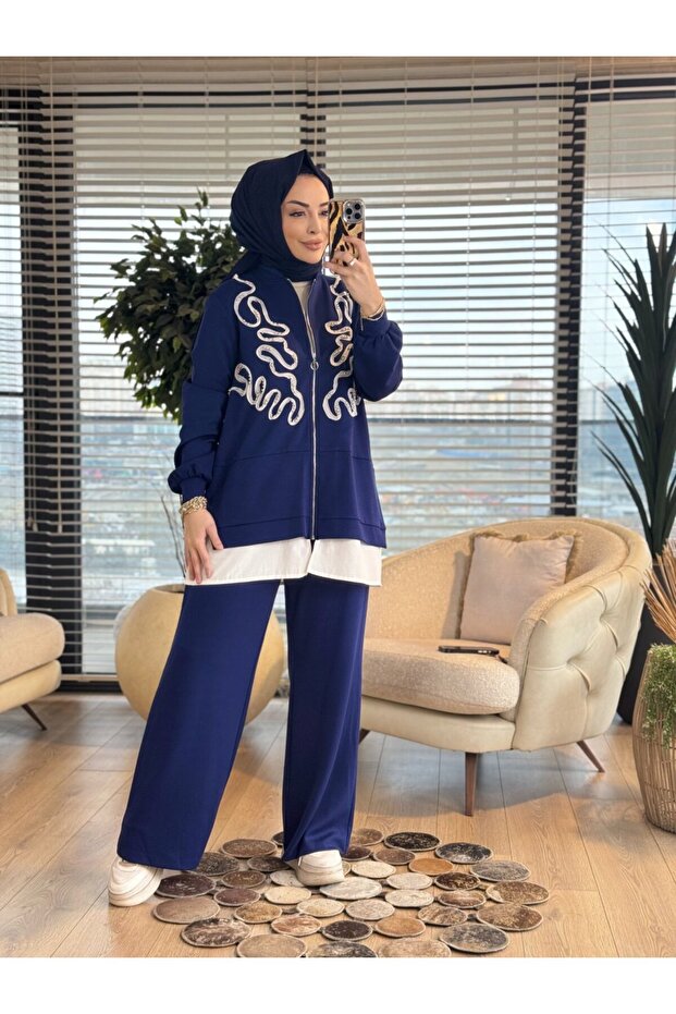 02-2807 بدلة بسحاب من الأمام مع حبل علوي ومرصع باللؤلؤ باللون الأزرق الداكن