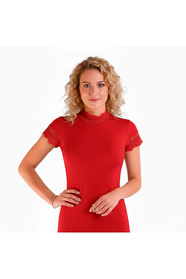 Berrak women's lace-trimmed short sleeve blouse with elastane - 2144