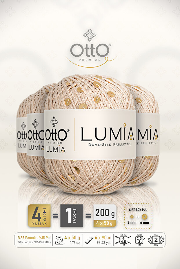Lumia • Beige-Gold Sequin (9460) • 4-Pack × 50 Gr / 90 m • 3+6 mm Double Size Sequin Knitting Yarn • Blouse, Shawl, Bandana