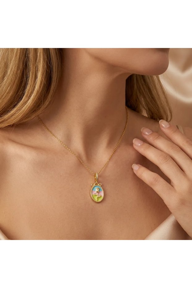 Colorful Enamel Embellished Rose Figured Gold Women's Necklace
