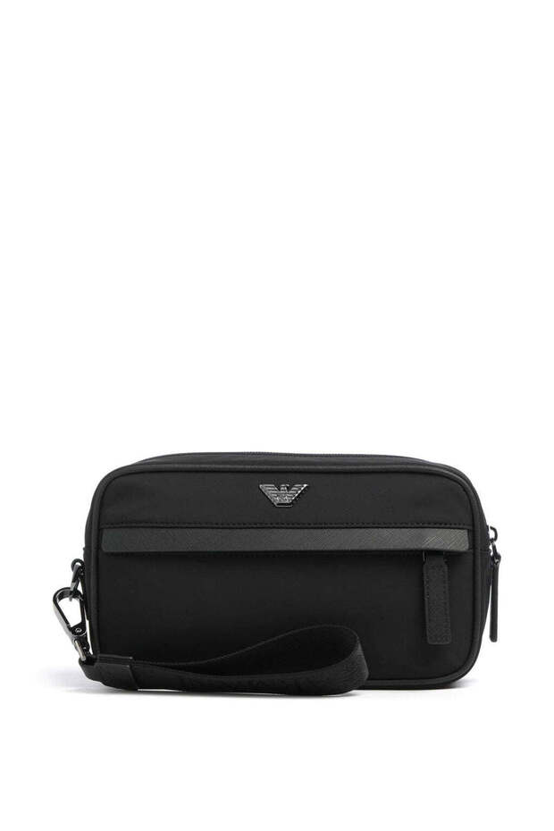 Men's Metallic Armani Eagle Logo Zippered Front and Back Pocket Black Handbag