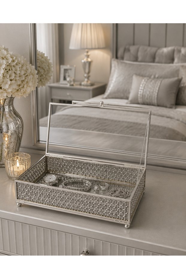 Silver Color Glass Lid Decorative Jewelry and Ring Storage Box 26X15X7 cm | Promise, Engagement, and Makeup Table Organizer