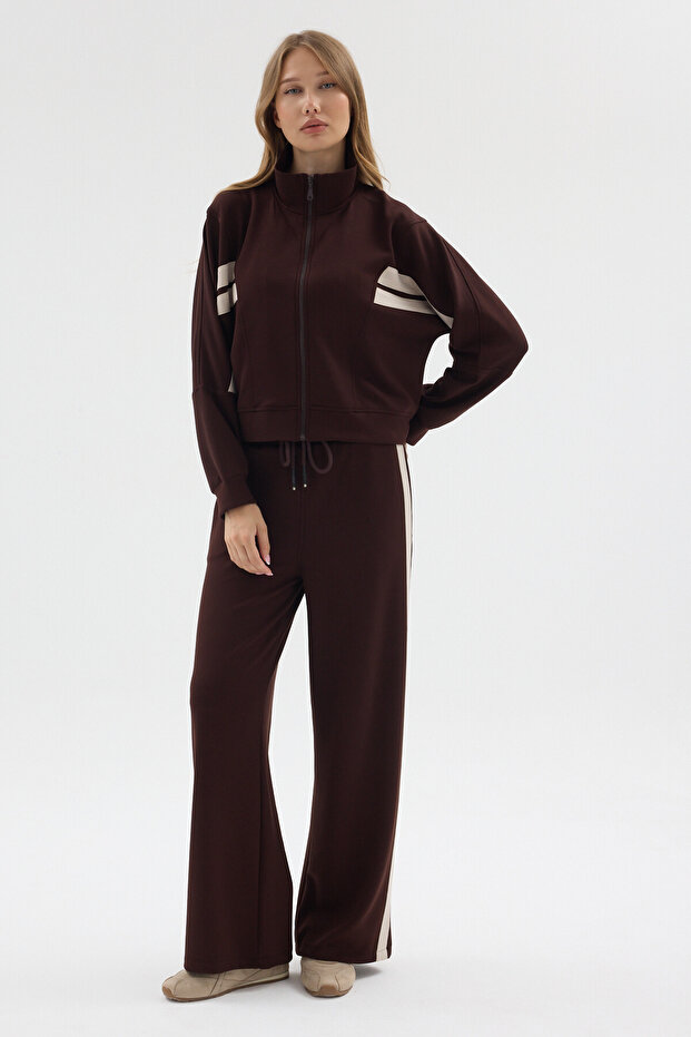 Women's Brown Stand Collar Garni Detailed Zippered Modal Fabric Tracksuit Set