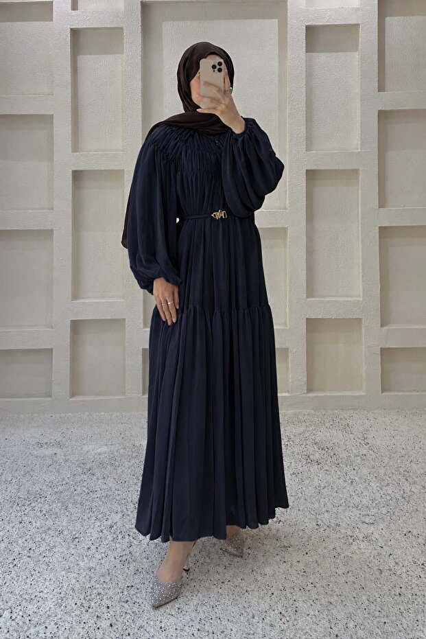 Layered Detailed Chiffon Dress Navy Blue
