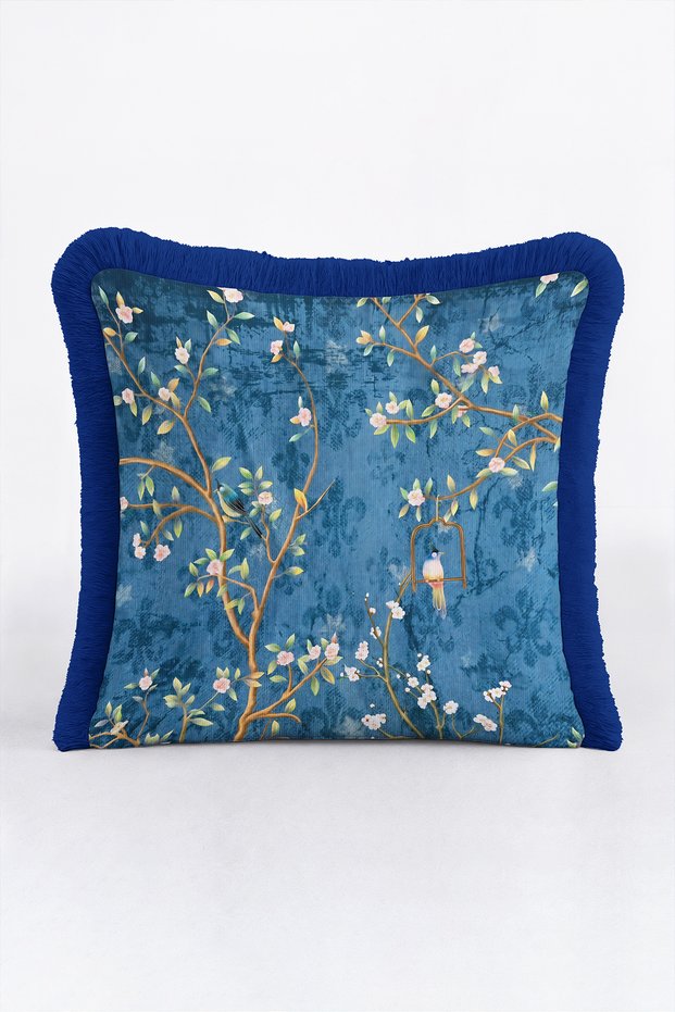 Luxury Bird and Floral Spiral Branch Fringed Pillowcase-Exotic Garden Navy Blue Tassel Throw Pillow Cover