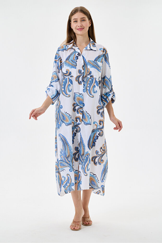 White Italian Shawl Pattern Side Slit Foldable Long Sleeve Oversize Shirt Dress Size 40 - 44