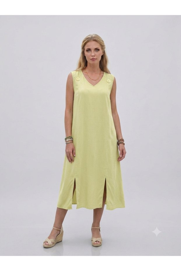 Button Detail Back Lace-Up Women's Linen Dress