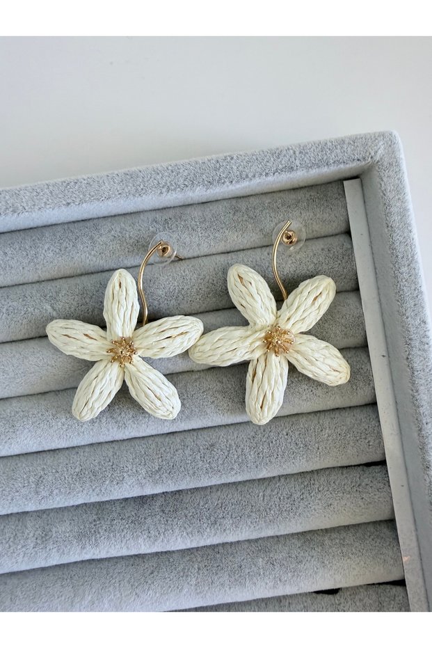 Wicker Flower Earrings Women's Steel Earrings Gold Detailed Bohemian Summer Earrings Cream Beige Brown