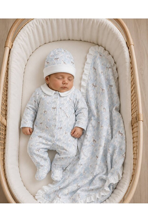 Little Zebra's Forest 0-3 Months Baby Boy Romper, Hat and Ruffle Blanket 3-Piece Newborn Set