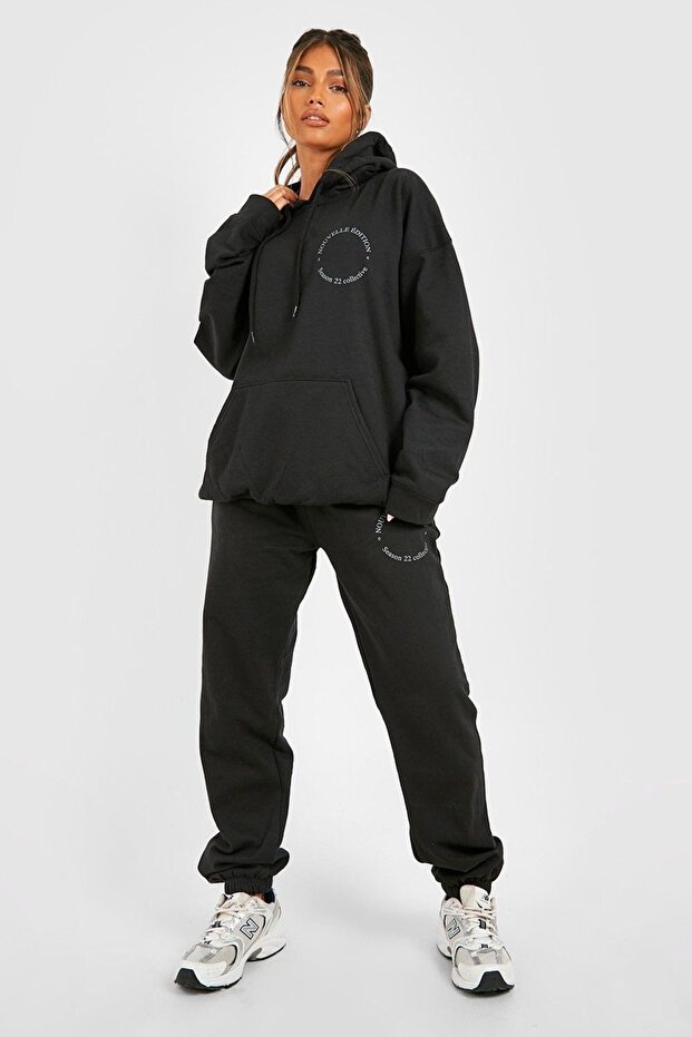 Nouvelle Edition Tracksuit Set - Black Printed Suit Jogger Sweatshirt Rubber Leg Hooded