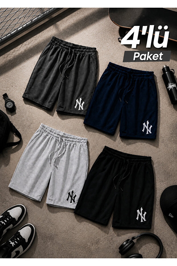 Ny Newyork Identy Print 4-Pack Economic Print Set Shorts with Side Pockets Elastic Waist Comfortable Fit Casual Shorts/Bermuda