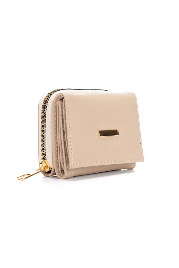 Women's Zippered Wallet with Multiple Card Slots and Coin Compartment - Beige