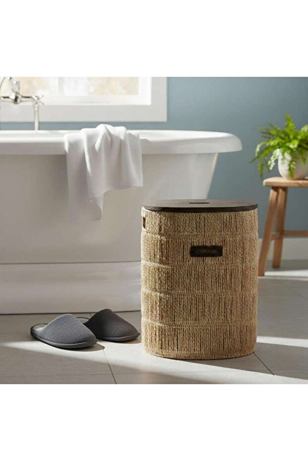 Margaret Laundry Hamper with Wooden Lid 39x30x54cm - Natural