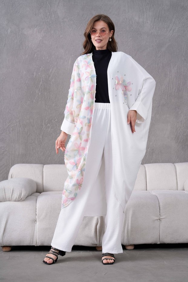 Women's Floral Embroidered Kimono Top and Bottom Set