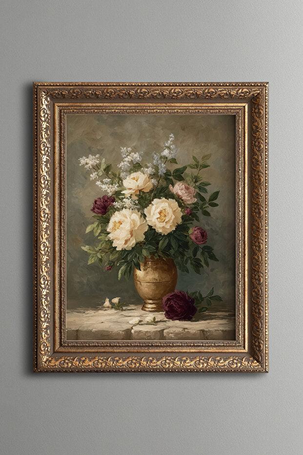 باقة زهور الفاوانيا والزهور البيضاء - لوحة بنمط عتيق - نموذج سميك