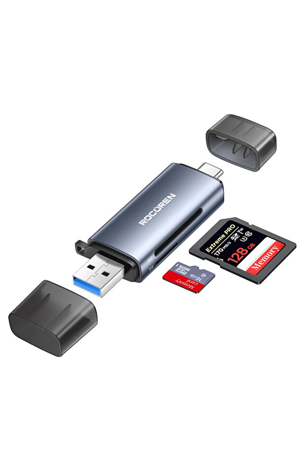 قارئ بطاقات روكورين رمادي اللون 2 في 1 بمنفذ USB 3.0 بسرعة 5 جيجابت في الثانية، تصميم مدمج USB A و USB C، لبطاقات SD/TF سعة 2 تيرابايت، بطاقة ذكية