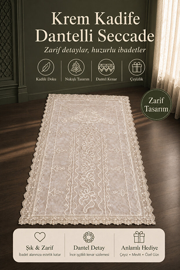 Cream Velvet Lace Prayer Rug 120X70 cm Dowry Gift Prayer Mat
