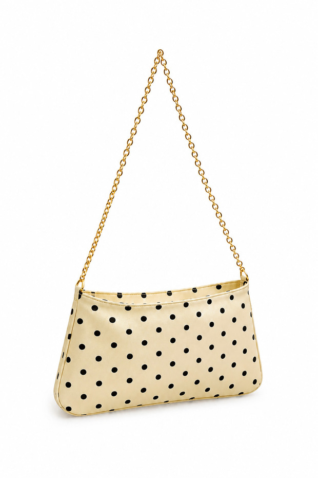Women's Yellow Satin Fabric Polka Dot Patterned Baguette Bag