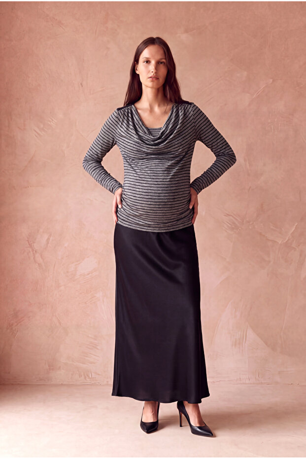 Maternity Medium Gray Melange Viscose Degaje Collar Long Sleeve Blouse with Inner Undershirt and Breastfeeding Feature Sawyer
