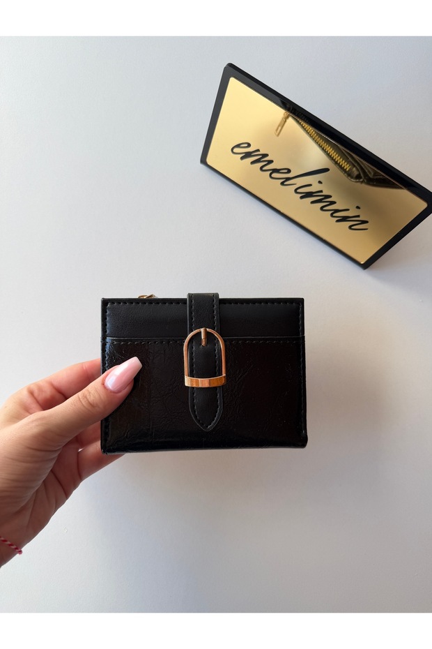 Women's Black Zippered Card Holder Wallet | Multi-Compartment Mini Wallet | Coin Compartment Belt Detailed